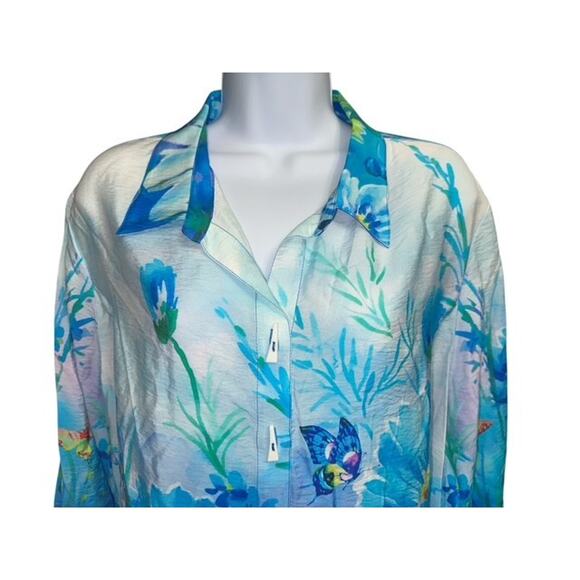 Ali Miles 1X Top Blue Floral Butterfly Rayon Nylon Crepe Button Up 3/4 Sleeves - Picture 3 of 5
